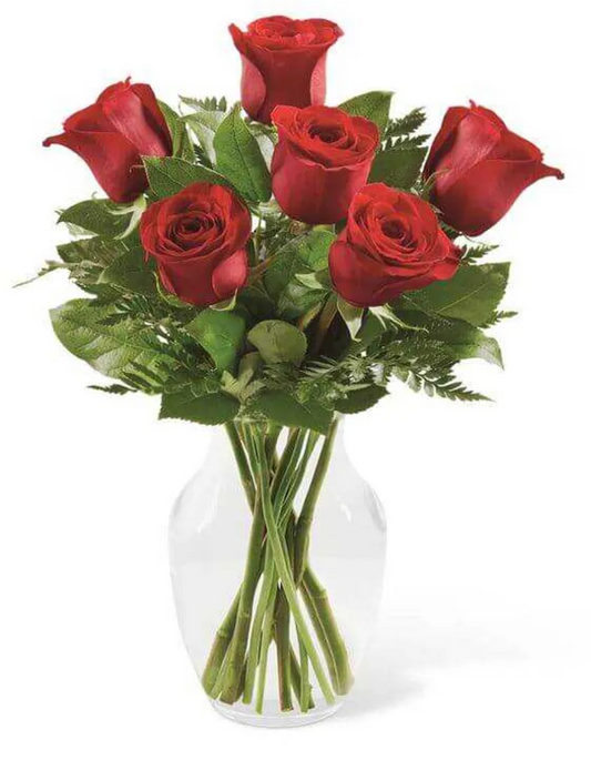 6 rosas rojas en Florero